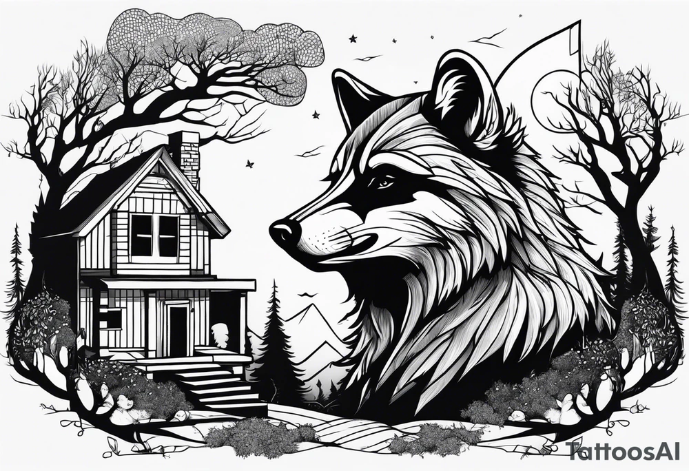 Raccoon and Wolf playing in Front of their New house tattoo idea