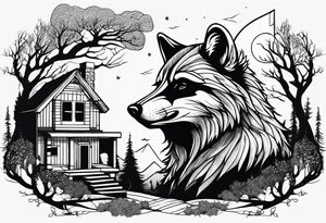 Raccoon and Wolf playing in Front of their New house tattoo idea