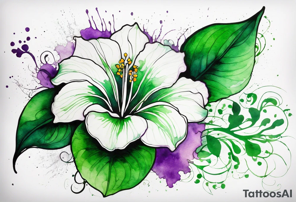 An outline of a green rio dipladenia flower and a green and purple watercolor splash in the background tattoo idea