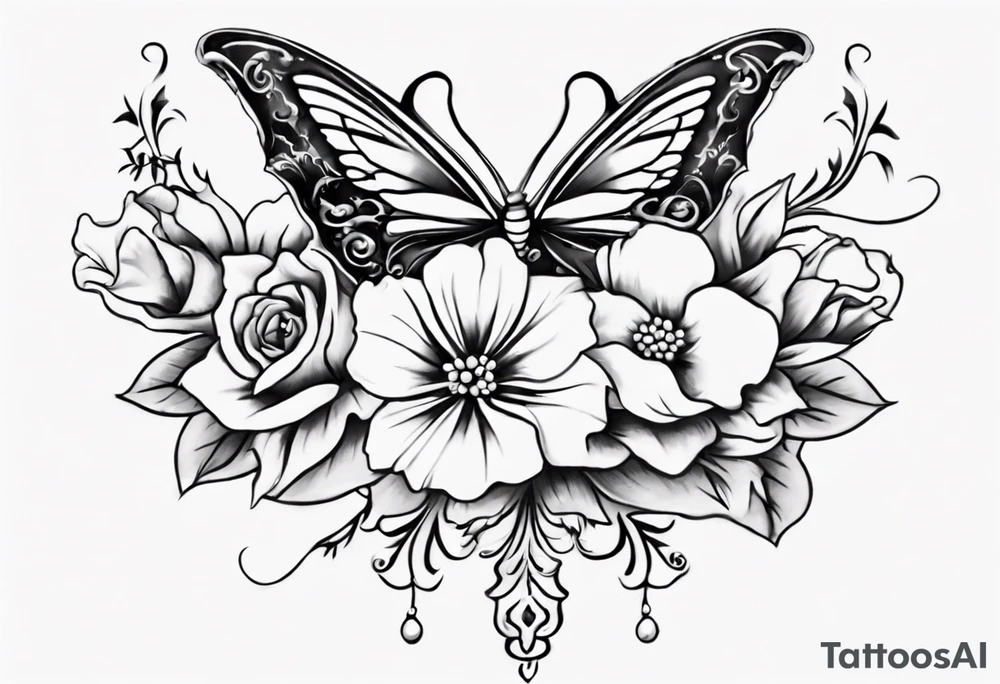 Ankle bracelet tattoo with flowers and butterflies and larger in the centre tattoo idea