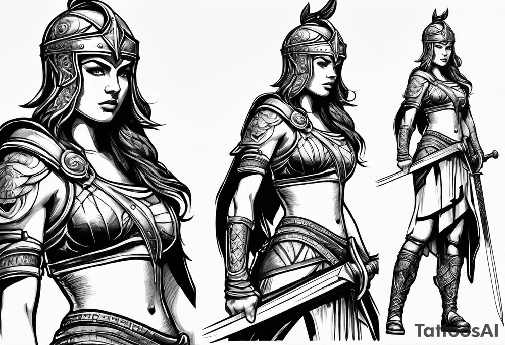Female gladiator full body sword tattoo idea