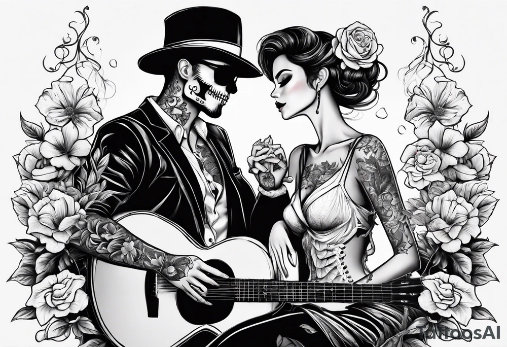 a female and male skeleton in love. The female has hibisucs flowers and the male is playing the guitar tattoo idea