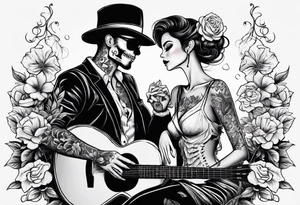 a female and male skeleton in love. The female has hibisucs flowers and the male is playing the guitar tattoo idea