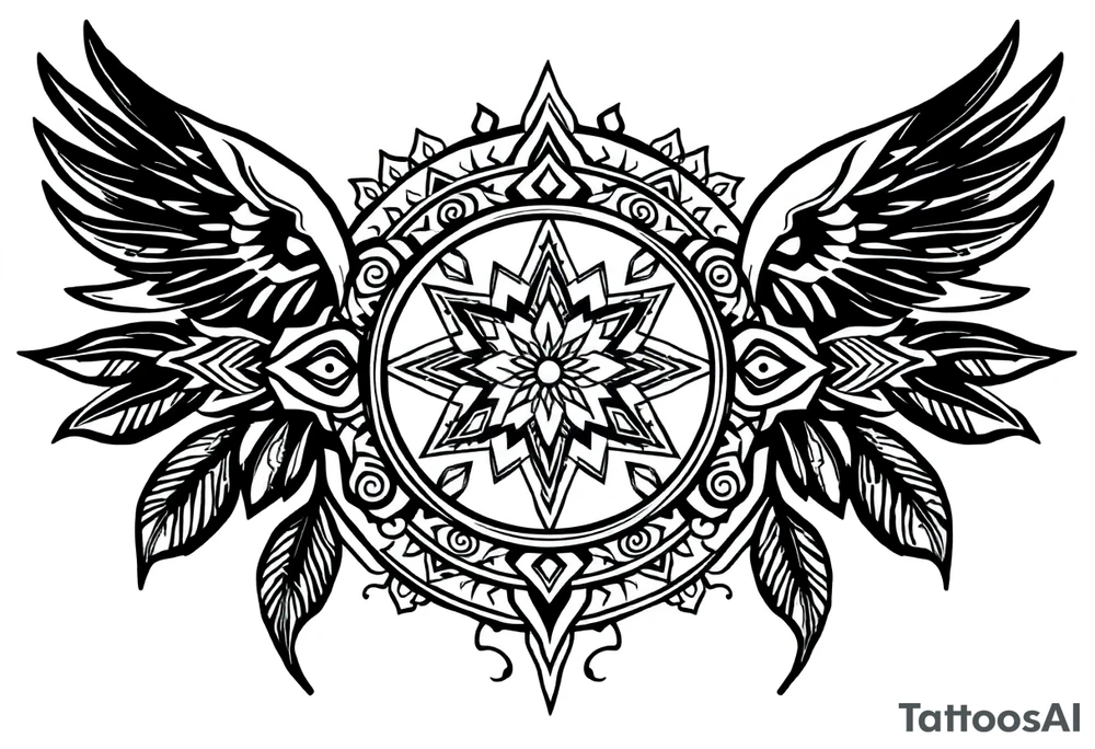 long shaman style mytical bold line with ancient rhyme tattoo idea