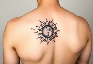 celestial sun and moon embrace with constellation patterns on arm tattoo idea