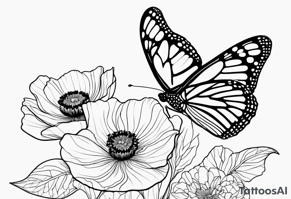 Create a black and white fine line tattoo design of a monarch butterfly, with poppy flowers exclusively inside the top halves of the wings. The butterfly’s wings should act as a frame for the flowers, clearly showing the flowers within the outline of the wings. The design should feature minimalistic and elegant lines, with intricate details on the flowers, while the bottom halves of the wings should remain simple to highlight the top sections. tattoo idea