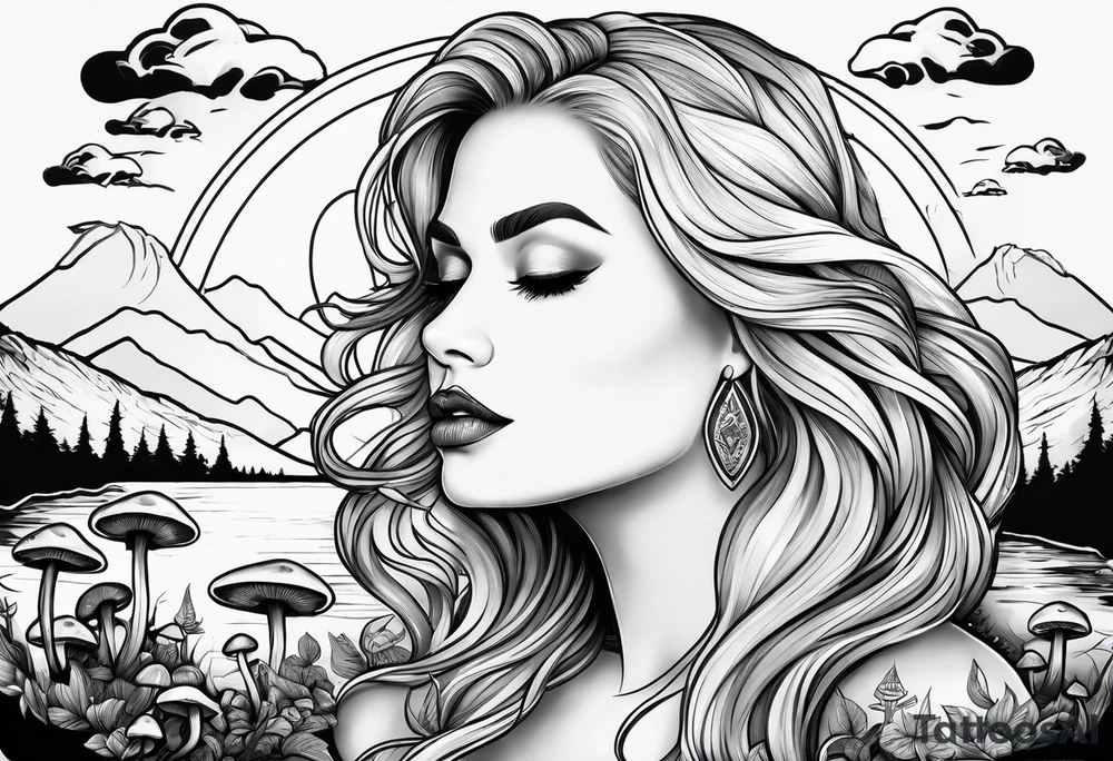 Fat older blonde woman long hair thin lips surrounded by mushrooms crescent moon mountains background "GRACEFUL" tattoo idea