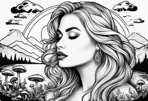 Fat older blonde woman long hair thin lips surrounded by mushrooms crescent moon mountains background "GRACEFUL" tattoo idea