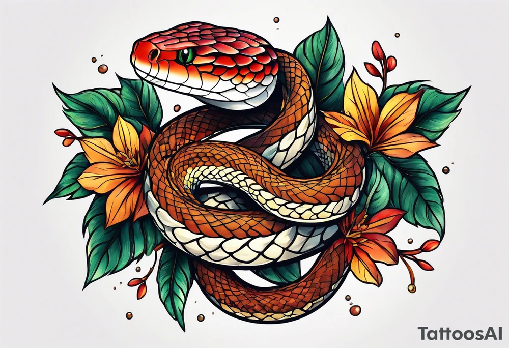 snake with leaves tattoo idea