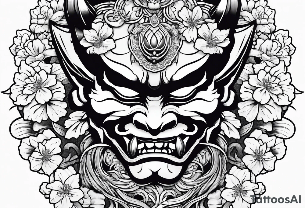 Oni mask with a cherry blossom background tattoo idea Oni mask with a cherry blossom background tattoo idea