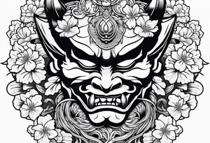 Oni mask with a cherry blossom background tattoo idea