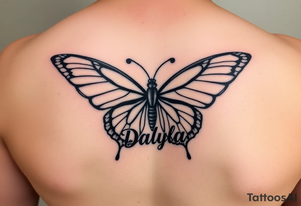 Butterfly wings shaped into the names Damani and Donovan and the body of the Butterfly shaped into the name Dalyla tattoo idea