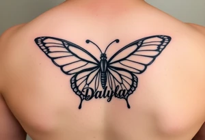 Butterfly wings shaped into the names Damani and Donovan and the body of the Butterfly shaped into the name Dalyla tattoo idea