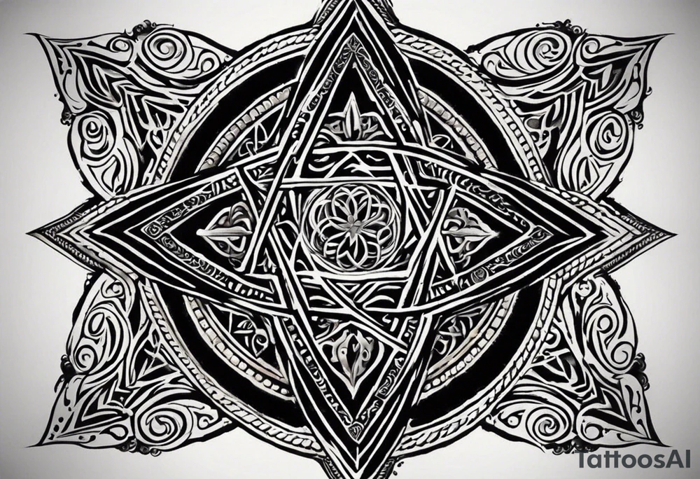 I would like two symmetrical tattoos on the left and right sides of my chest. The main element should be a Star of David (six-pointed star) on each side. Inside each star, I want the Armenian Wheel of Eternity.

	•	The Wheel of Eternity should be placed in the center of the Star of David, with a circular, swirling design to symbolize infinity and continuous life cycles. It should be detailed but simple enough to blend seamlessly with the star.
	•	The overall look should be bold, clean, and geometric, with a modern and minimalist style. tattoo idea