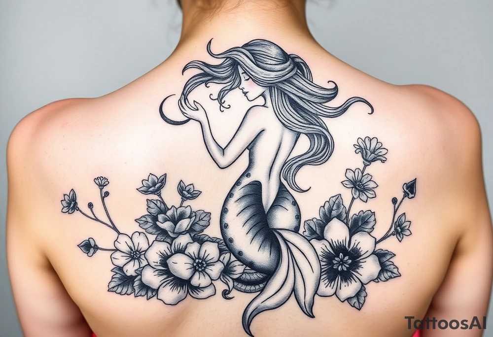 ethereal mermaid with flowing hair among coral and sea flowers and snakes around tattoo idea