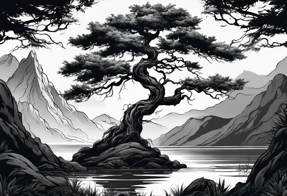 Full arm sleeve Tree reaching up to shoulder with roots going all the way down to the wrist. Mountain, water, and demon elements tattoo idea