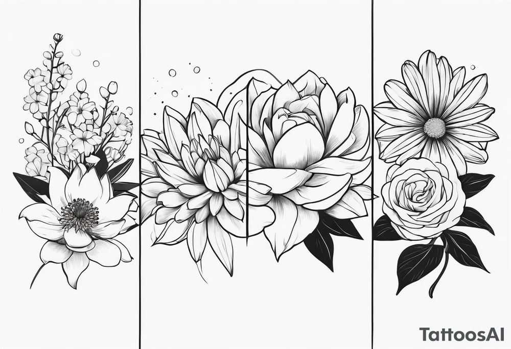 Asters, roses, lily of the valley, and chrysanthemums sleeve tattoo idea