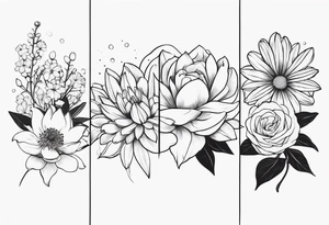 Asters, roses, lily of the valley, and chrysanthemums sleeve tattoo idea