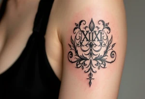 Elegant XXI.XI.MMXII in dark gray ink styled with subtle shadowing for a stone-carved effect. tattoo idea