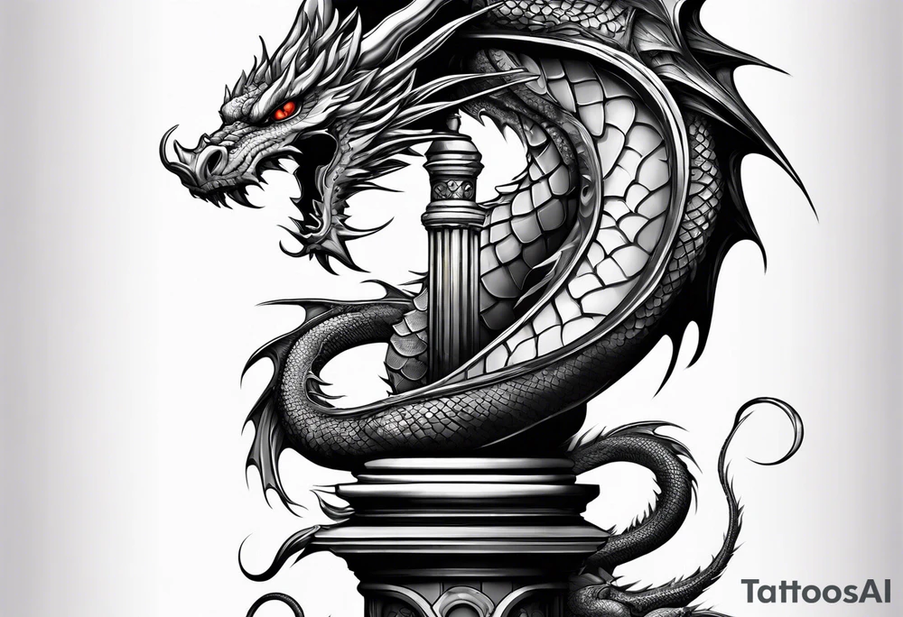A dragon holding on a column tattoo idea