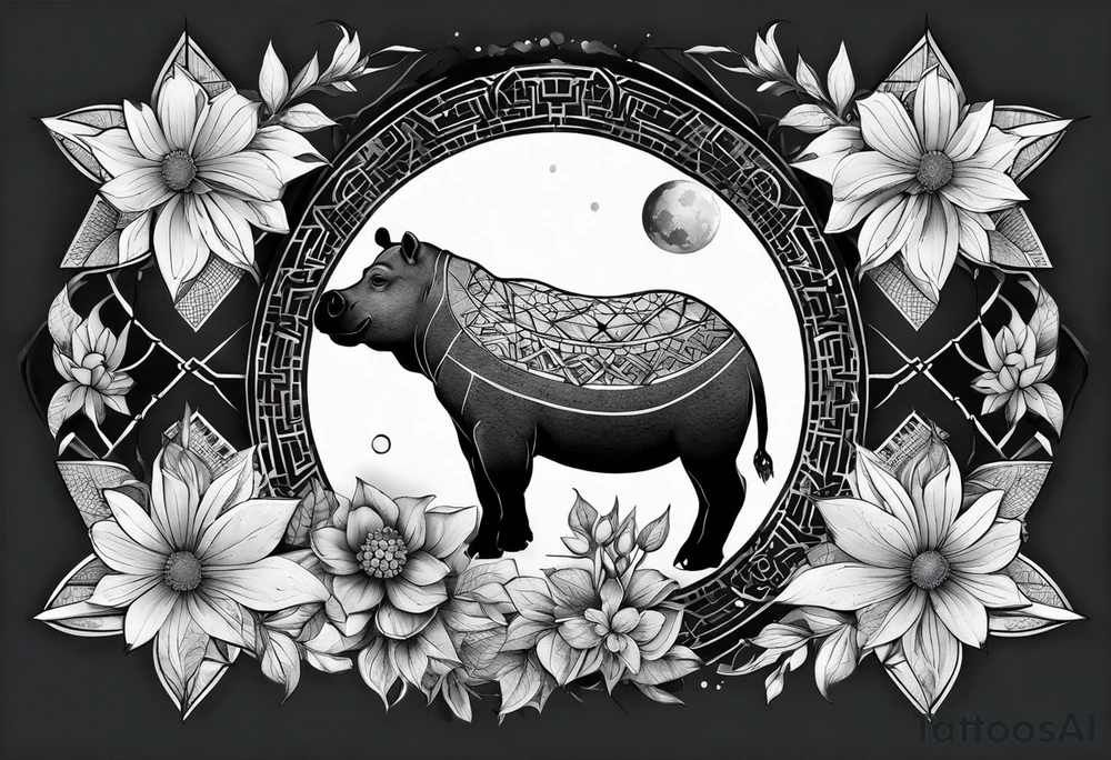 Very asymmetrical, +geometric pattern, with realistic full moon, with hippo at side look, +tribal, +geometric, +inkart , +blackwork, +grey scale, + sketch
with wintersweet flower bud, +inkart touch, +for men tattoo idea