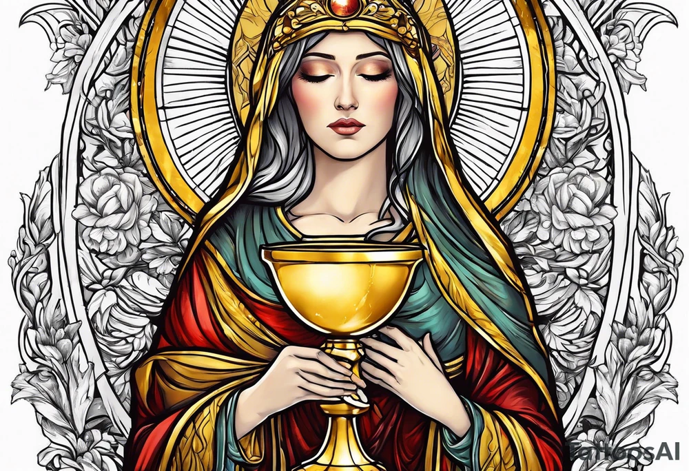 holy saint woman turned away with golden halo holding a chalice tattoo idea