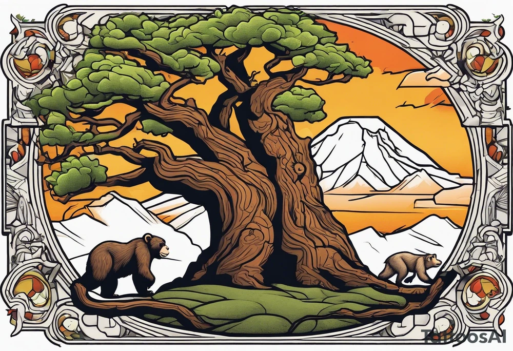 oak tree with cartoon monkey hanging from a branch, dinosaur walking nearby, and grizzly bear walking across the front tattoo idea