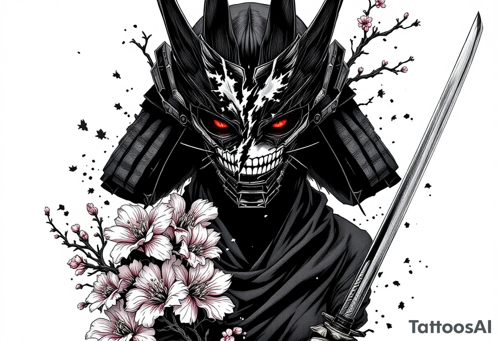 Woman samurai with red eyes wearing an half and broken kitsune mask, holding katanas and Sakura flowers ornement tattoo idea