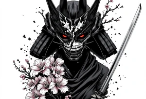 Woman samurai with red eyes wearing an half and broken kitsune mask, holding katanas and Sakura flowers ornement tattoo idea