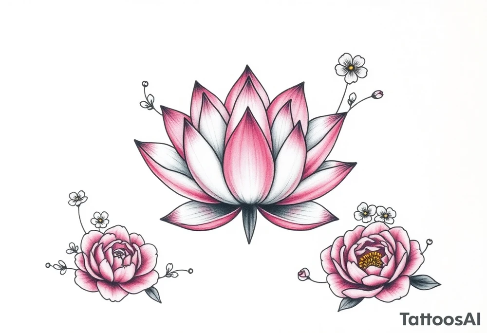 Lotus flower surrounded by forget me nots and peonies tattoo idea