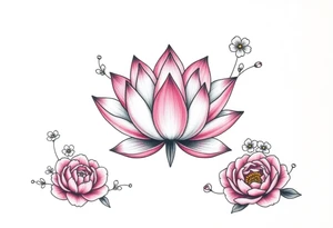 Lotus flower surrounded by forget me nots and peonies tattoo idea