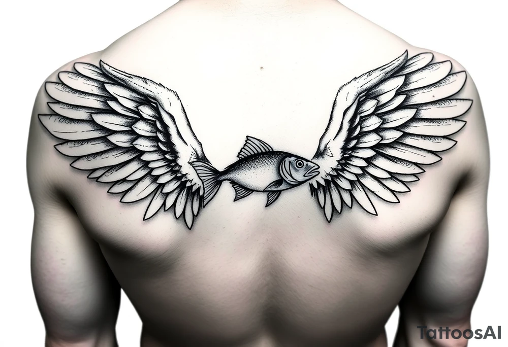angel wings with fish inside tattoo idea