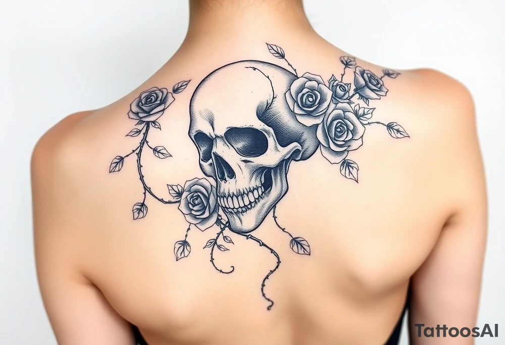 gothic skull intertwined with climbing roses and thorny vines tattoo idea
