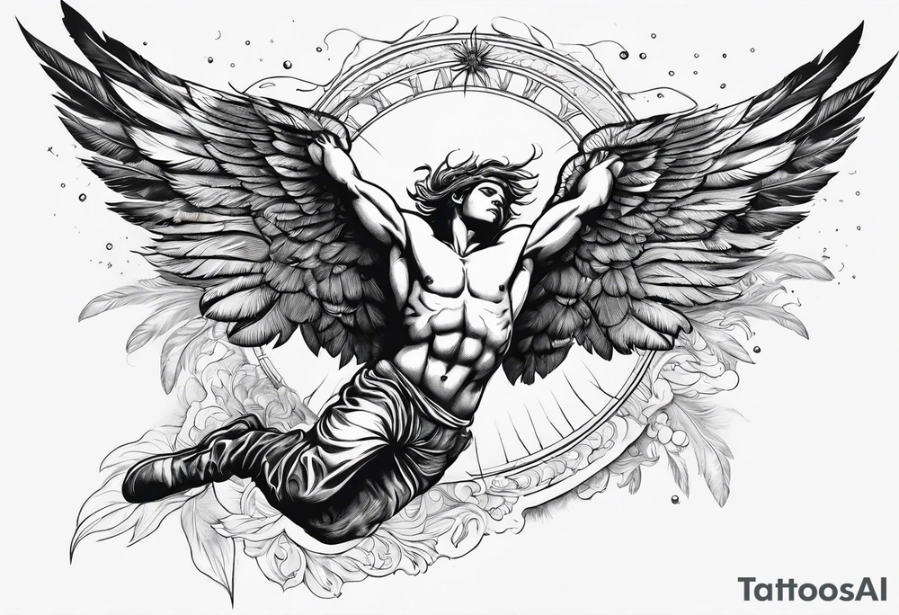 Icarus falling from the sun, with feathers floating down tattoo idea