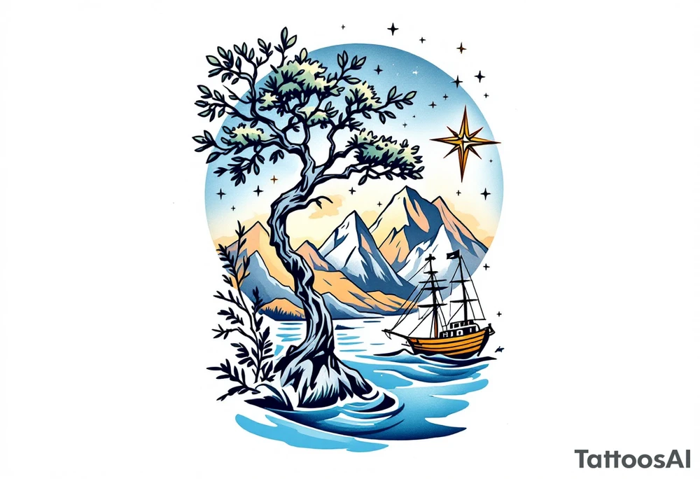 tattoo that has an acacia tree with mountains, ocean with a ship wreck and the northern star tattoo idea
