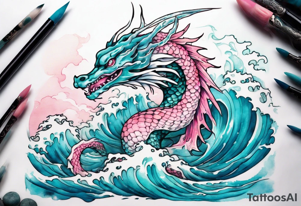 a beautiful turquoise pink and white sea  Fafnir rising from the blue waves of the ocean tattoo idea