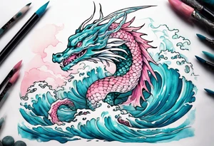 a beautiful turquoise pink and white sea  Fafnir rising from the blue waves of the ocean tattoo idea
