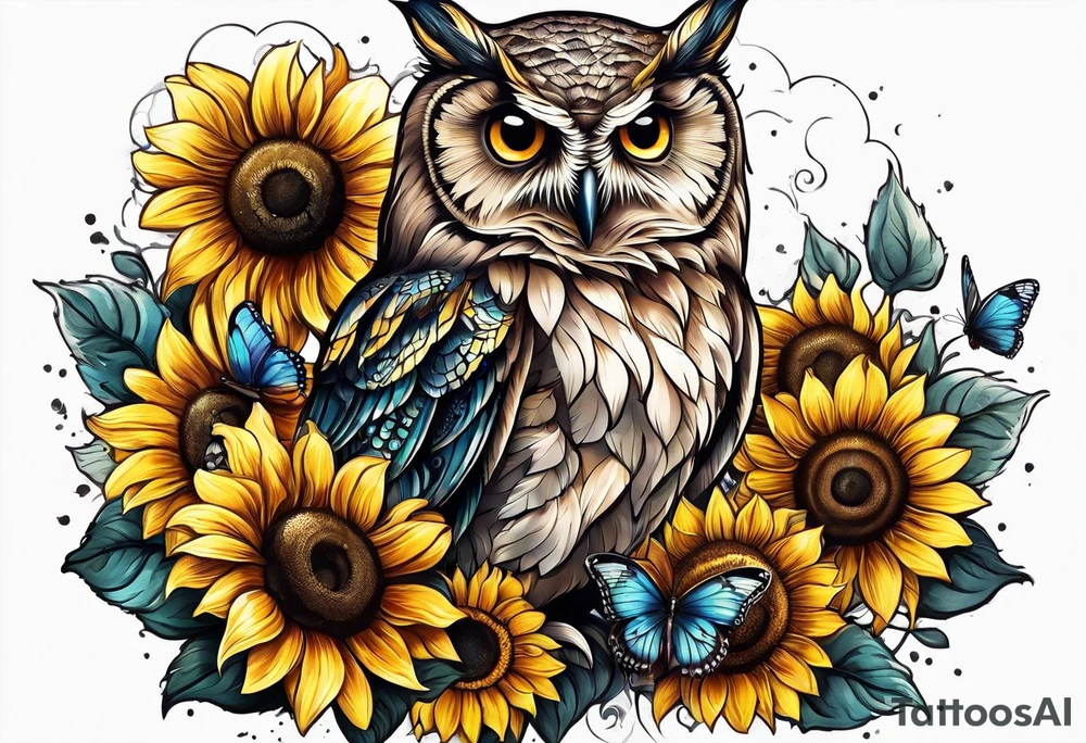 Small owl.with sunflowers and butterflies tattoo idea