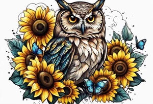 Small owl.with sunflowers and butterflies tattoo idea