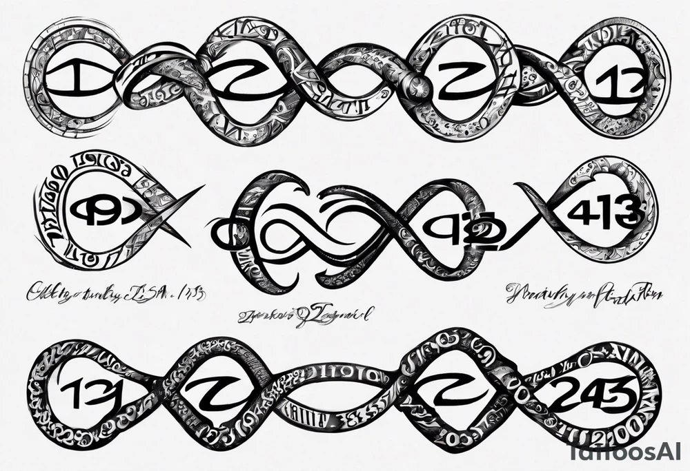 infinity symbol made up of the numbers 11-19-23 and the word Χαρά tattoo idea