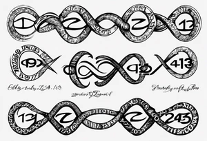 infinity symbol made up of the numbers 11-19-23 and the word Χαρά tattoo idea