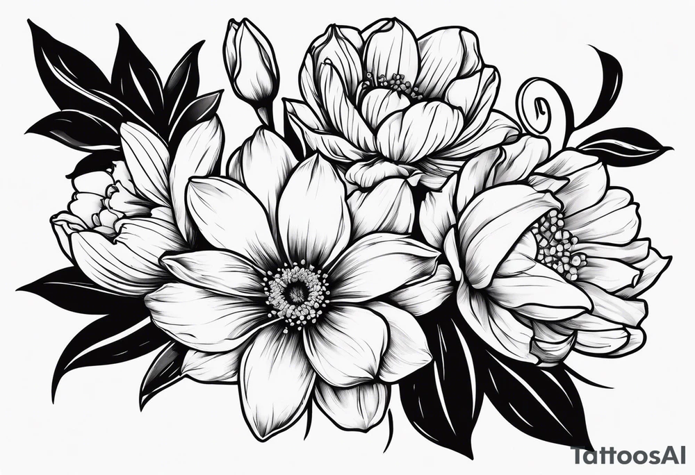 One rose, one daisy, one daffodil, one chrysanthemum, one gladiolus, one lily of the valley tattoo idea