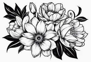 One rose, one daisy, one daffodil, one chrysanthemum, one gladiolus, one lily of the valley tattoo idea