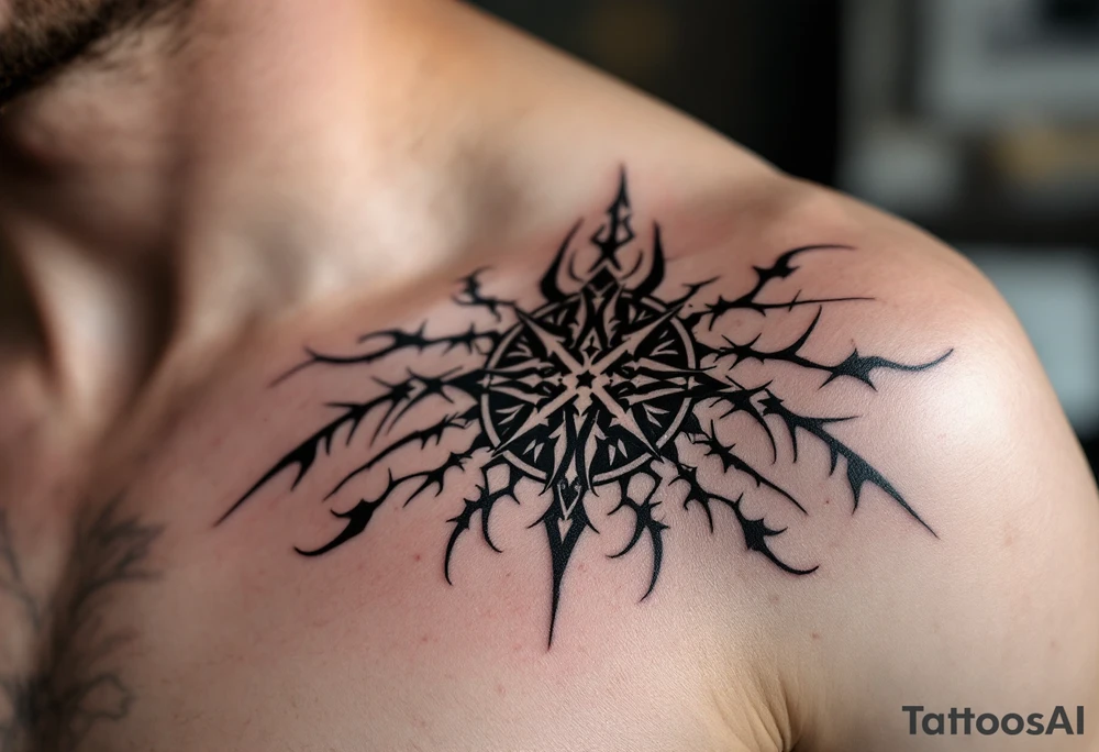 shoulder vegvisir with viking symbols tattoo idea