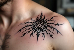 shoulder vegvisir with viking symbols tattoo idea