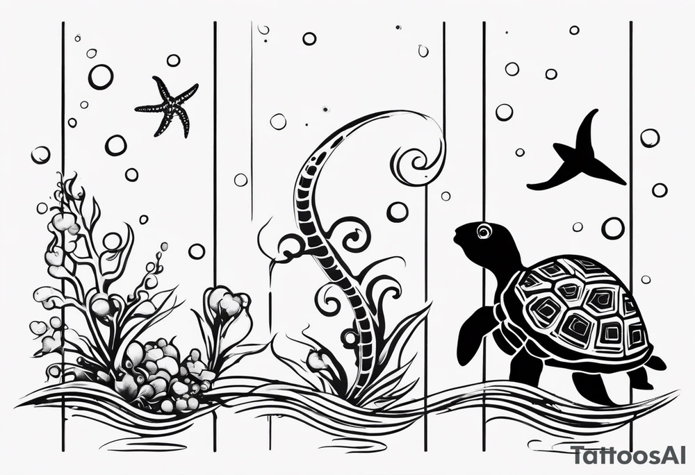 Small Starfish, Seahorse and turtle in a vertical line with bubbles tattoo idea