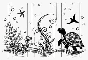 Small Starfish, Seahorse and turtle in a vertical line with bubbles tattoo idea