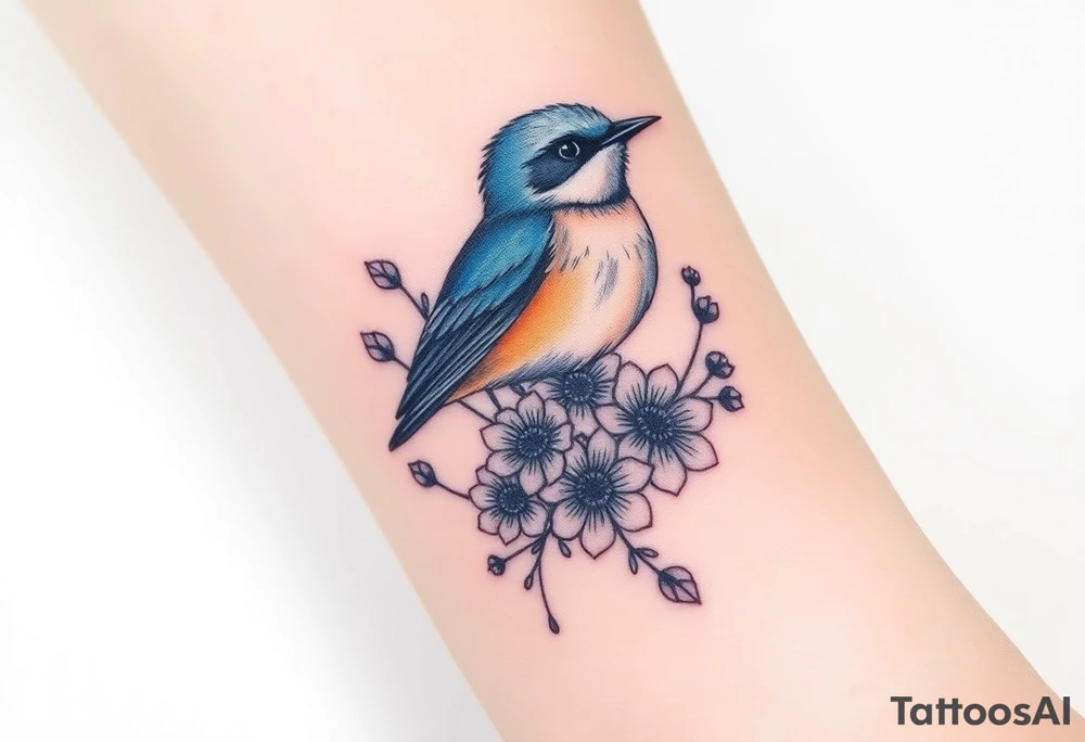 Bluebird with wild flowers tattoo idea