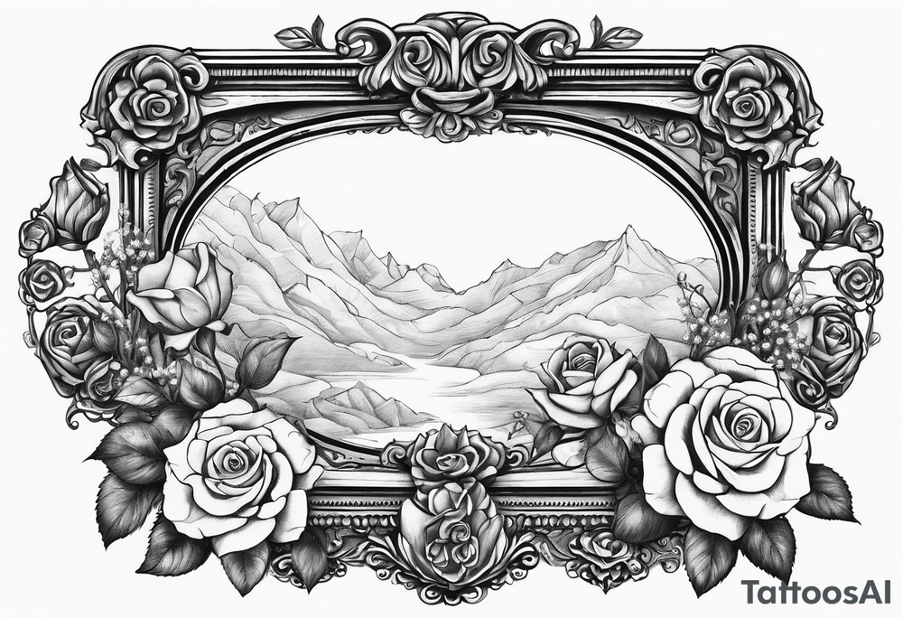 Vintage picture frame within the picture frame there are roses and baby’s breath flowers tattoo idea