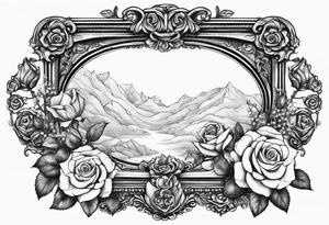 Vintage picture frame within the picture frame there are roses and baby’s breath flowers tattoo idea